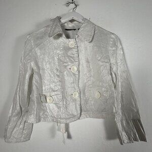 Rgl New York Womens White Shimmer Linen Cropped Button-Up Blazer Jacket Medium